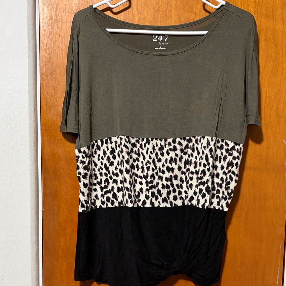 Maurices Olive and Animal Print Short Sleeve Top